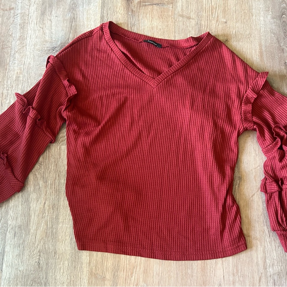 Fashion Large Burgundy Ruffle Sleeve Blouse